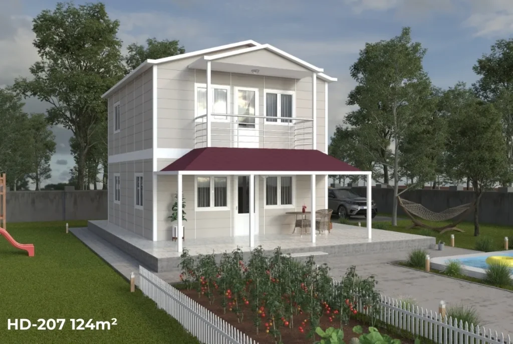 HD-207 124 m² dubleks prefabrik ev, arka ve yan cepheden görünüm, balkon ve veranda detayı ile.