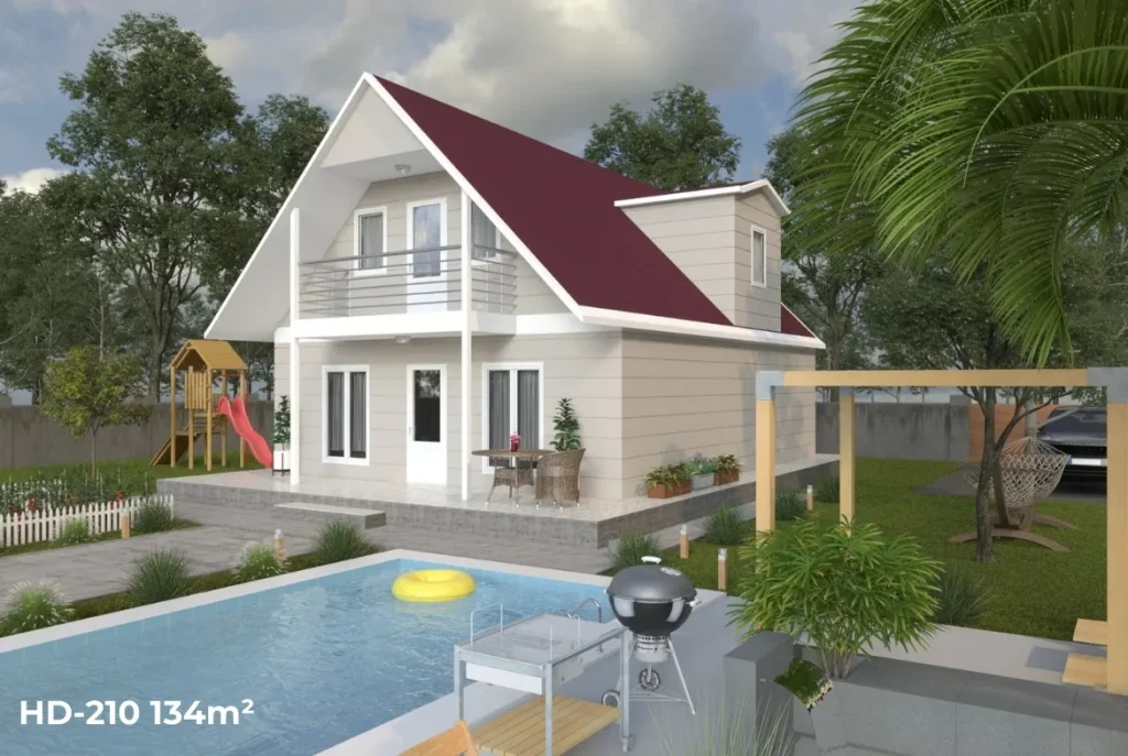 HD-210 134 m² dubleks çelik prefabrik ev, yeşil bahçeli, havuz kenarı, geniş veranda ve balkonlu modern tasarım