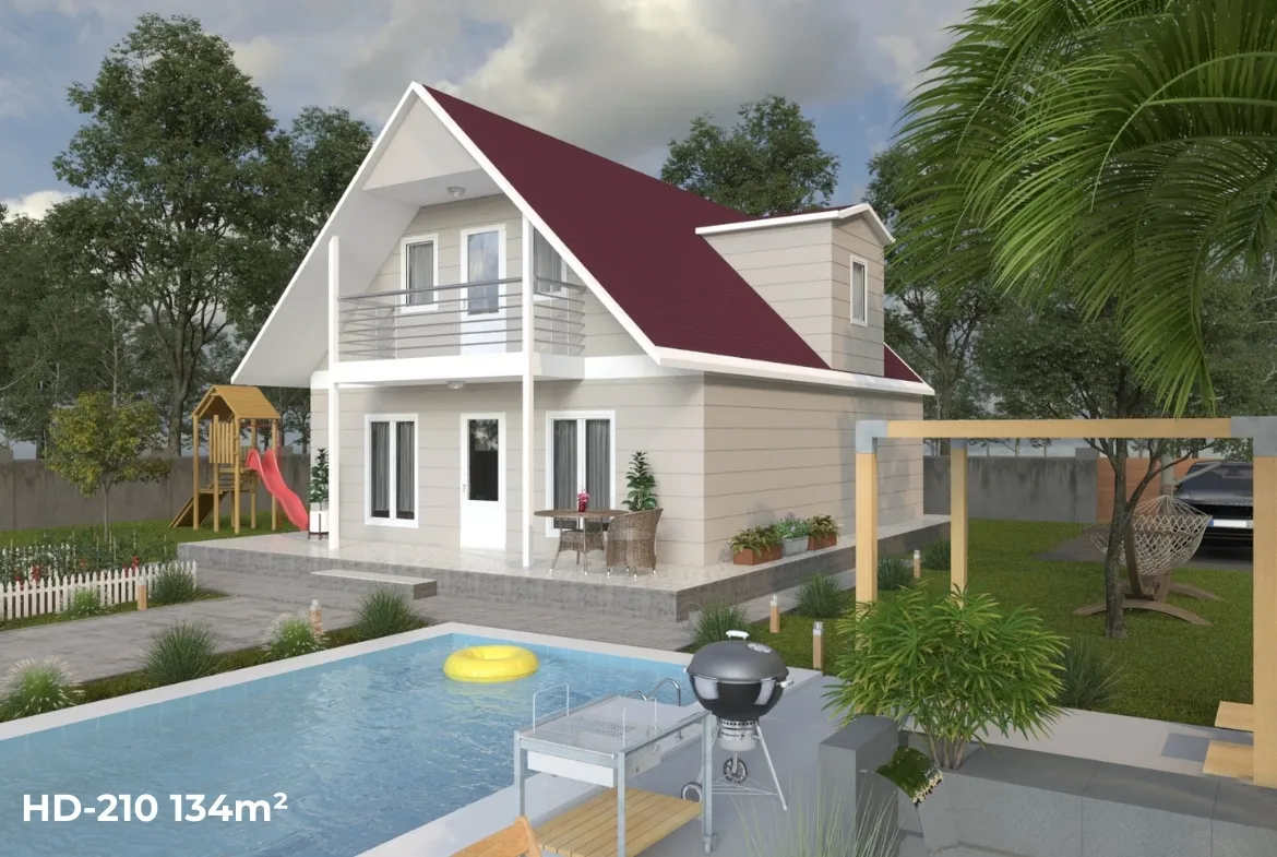 134 m² kullanım alanına sahip, modern çatılı HD-210 model dubleks ev; geniş veranda ve balkon detayı ile dikkat çeker.