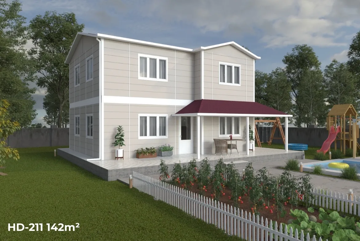Modern 4+1 dubleks prefabrik ev; Tekirdağ’da L verandası ve çatı sundurmasıyla bahçe cepheli dış görünüm.