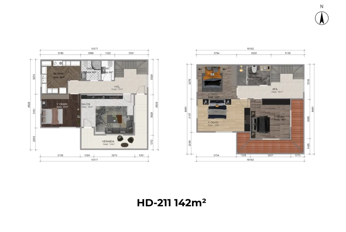 4+1 HD-211 dubleks prefabrik evin iki katlı mimari plan çizimi; 14 m² L veranda ve 4 geniş yatak odası.