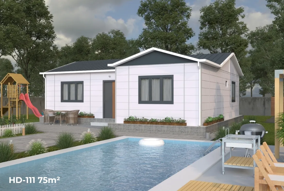 HD-111 75 m² 2+1 prefabrik ev yan cephe – Tekirdağ Trakya’da modern tek katlı konut