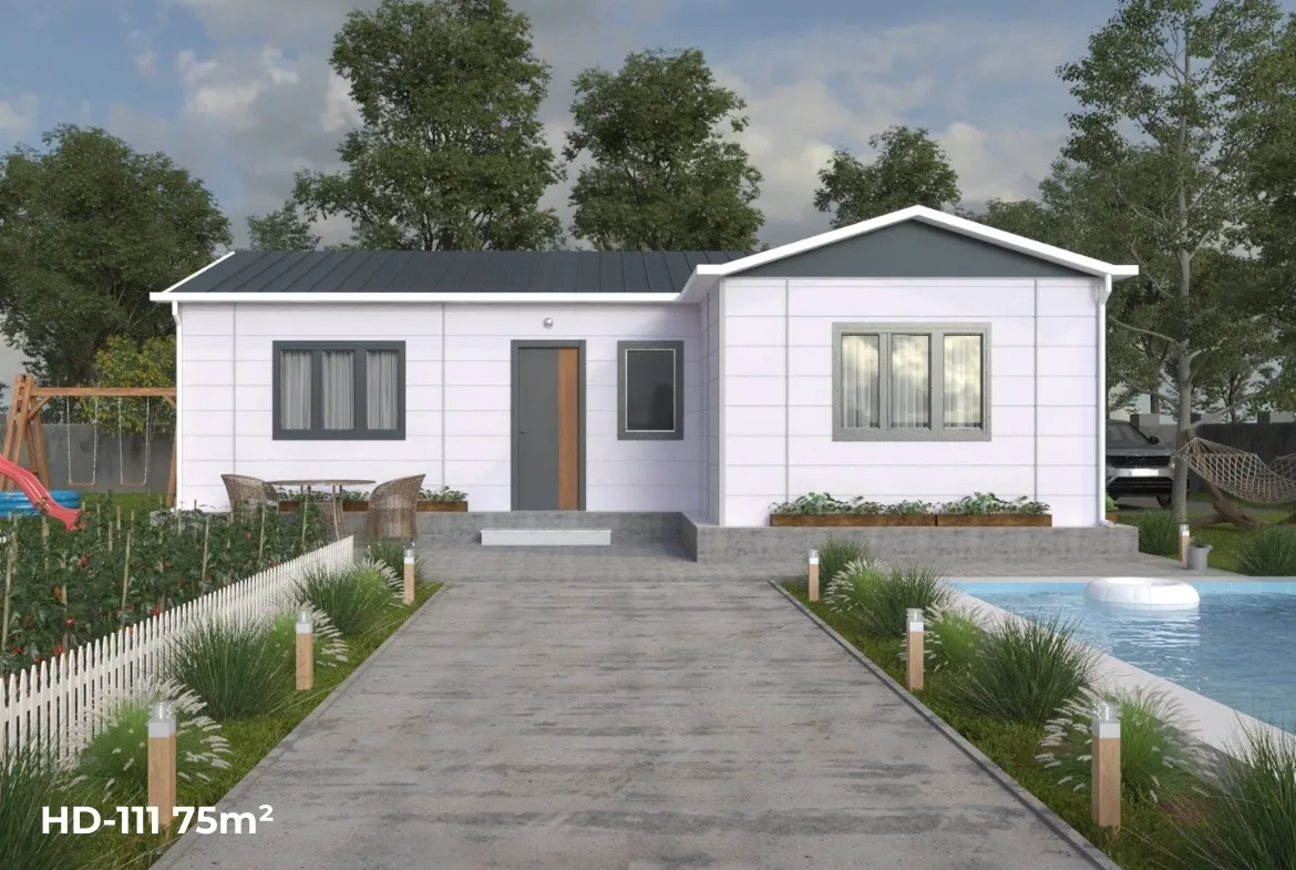 HD-111 75 m² 2+1 prefabrik ev ön cephe – Tekirdağ Trakya’da modern tek katlı konut