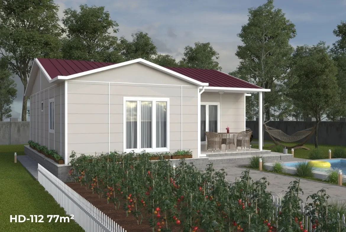 77 m² 2+1 HD-112 prefabrik evin Sol yan cephe ve havuzlu bahçeli modern görünümü; Tekirdağ Trakya için