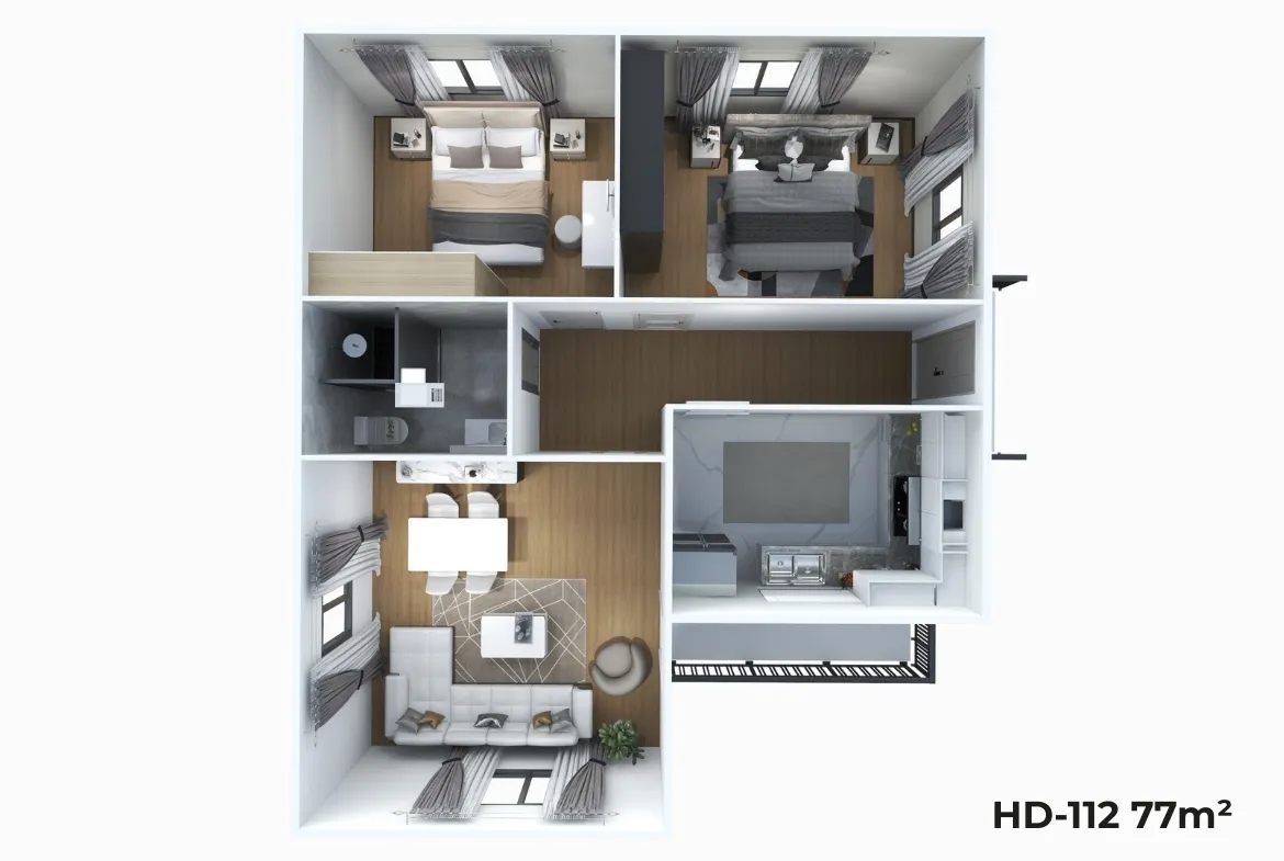 HD-112 model 77 m² 2+1 prefabrik evin üç boyutlu iç mekan planı; modern mutfak ve iki yatak odası düzeni.