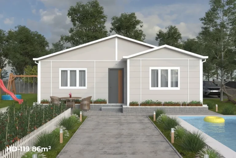 HD-119 model 3+1 dubleks çelik evin Tekirdağ (Çorlu, Saray, Marmaraereğlisi, Kapaklı, Malkara) için modern ön cephe görünümü, geniş balkon ve enerji verimli pencere detayları