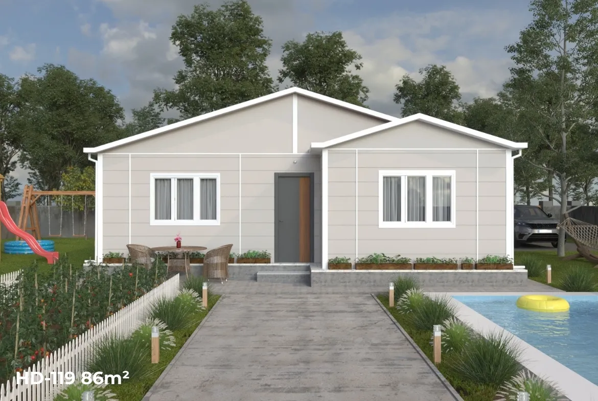HD-119 model 3+1 dubleks çelik evin Tekirdağ (Çorlu, Saray, Marmaraereğlisi, Kapaklı, Malkara) için modern ön cephe görünümü, geniş balkon ve enerji verimli pencere detayları