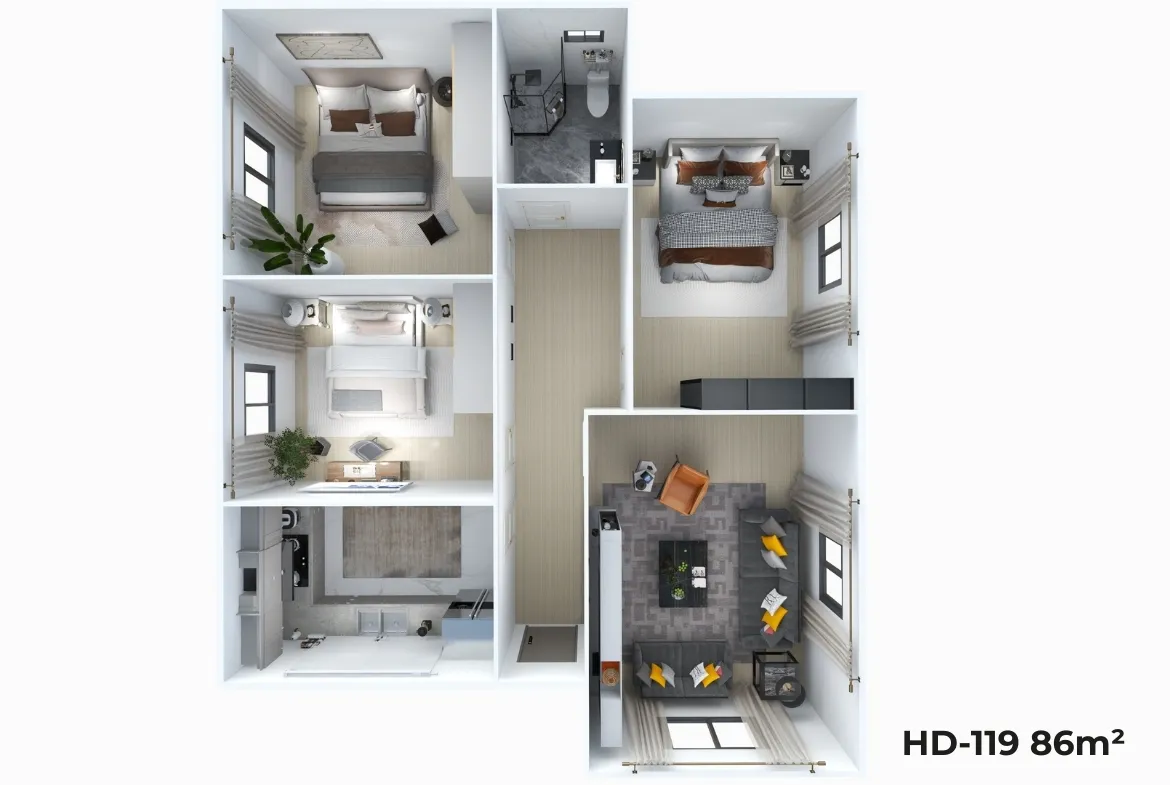 HD-119 86 m² 3+1 prefabrik evin 3D kat planı; mobilyalı perspektifte oda dağılımı ve mekân akışı