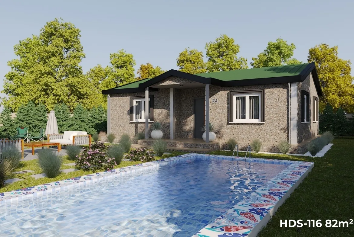 HD Steel 116 model 82 m² 2+1 çelik ev – modern ön cephe ve bahçe peyzajı