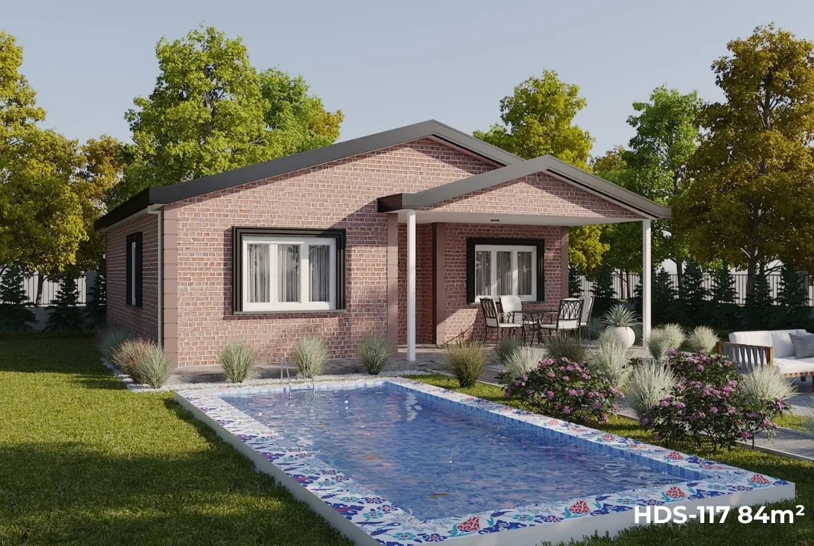 HDS-117 84 m² çelik ev – yan cephe ve bahçe oturma alanı