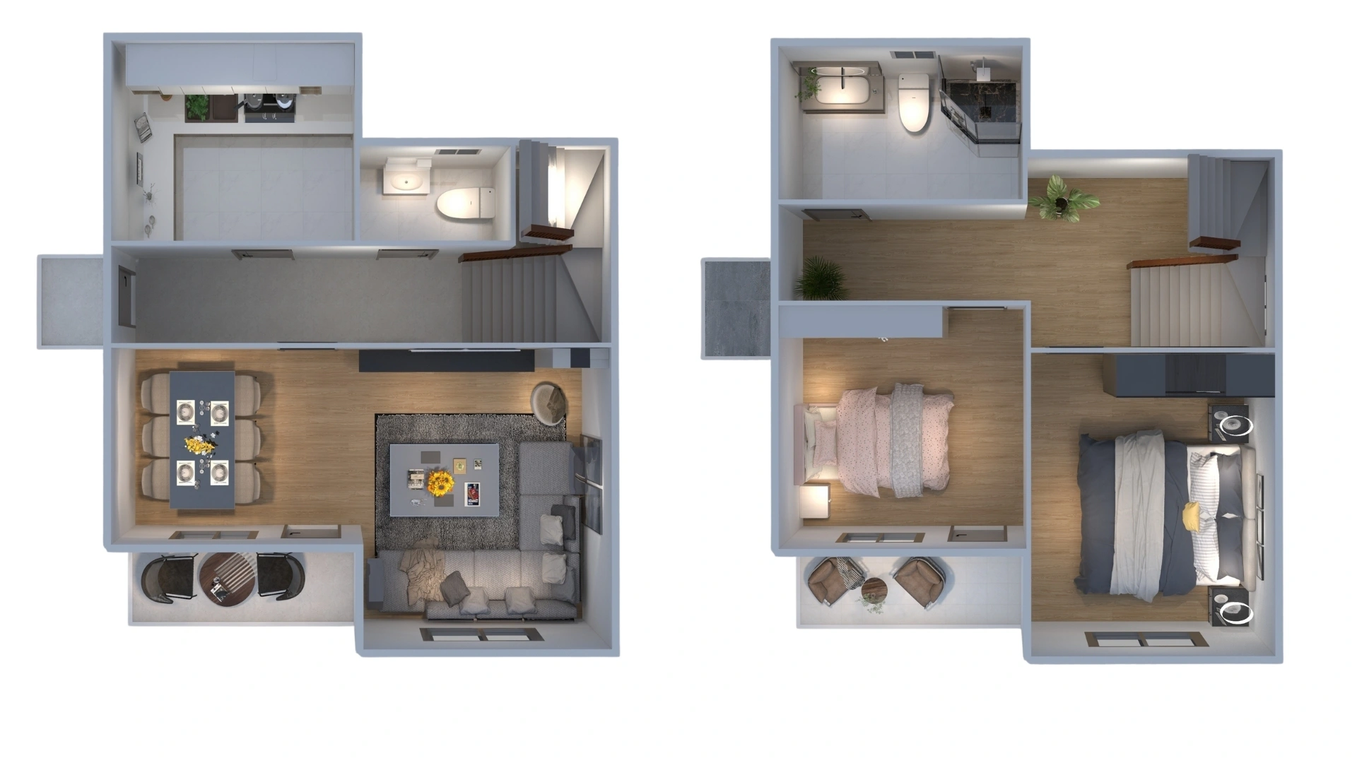 HDS-201 92 m² 2+1 dubleks çelik evin iki katlı plan çizimi.
