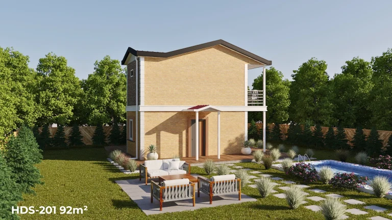 Arka cepheden HDS-201 92 m² dubleks çelik ev ve bahçe mobilyaları.