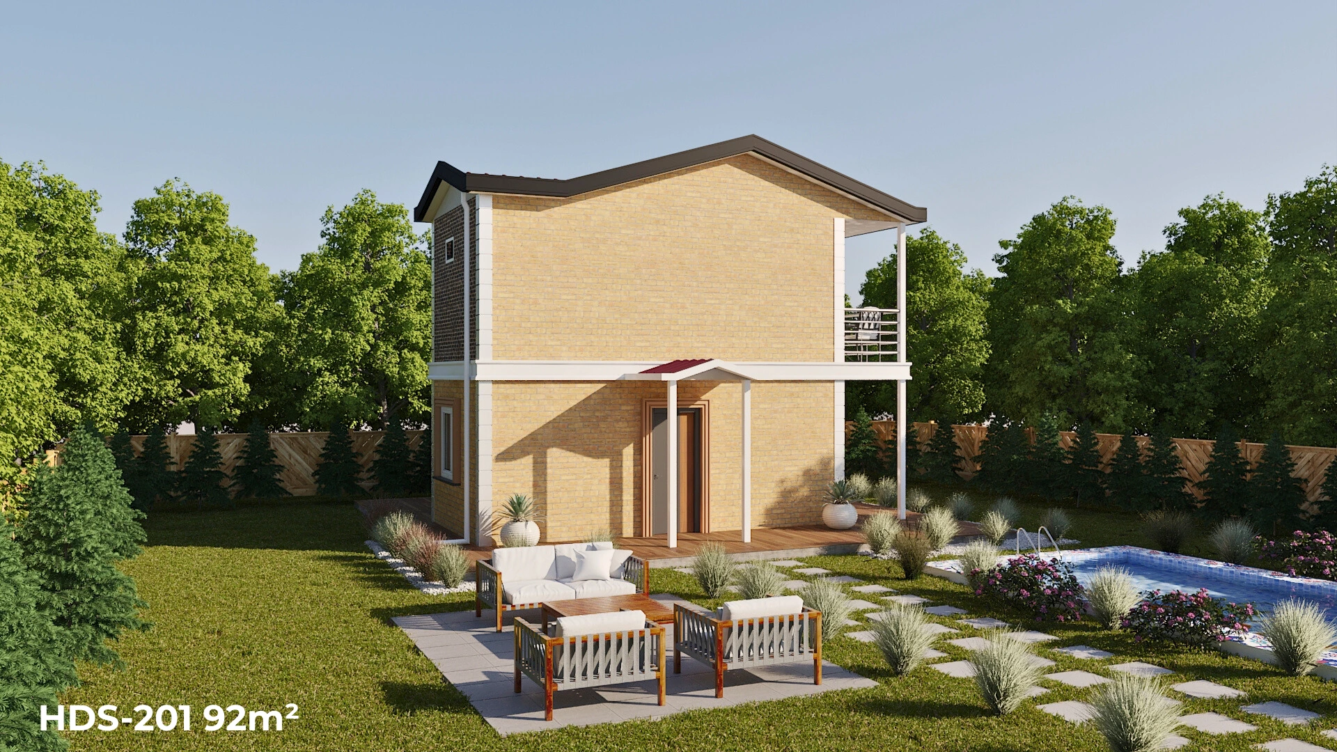 Arka cepheden HDS-201 92 m² dubleks çelik ev ve bahçe mobilyaları.