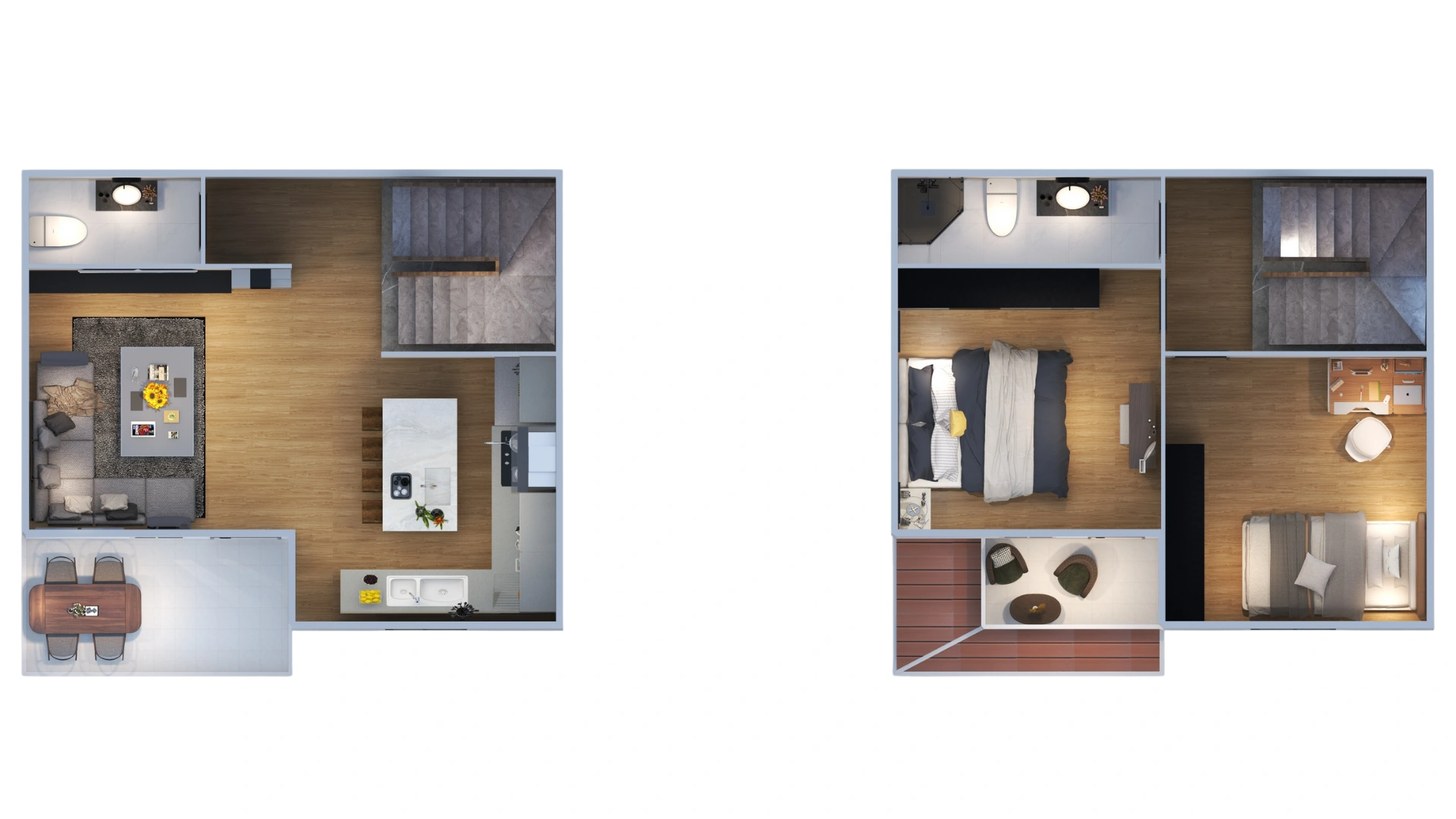 HDS-202 100 m² dubleks çelik ev – iki katlı iç plan, zemin ve üst kat yerleşimi