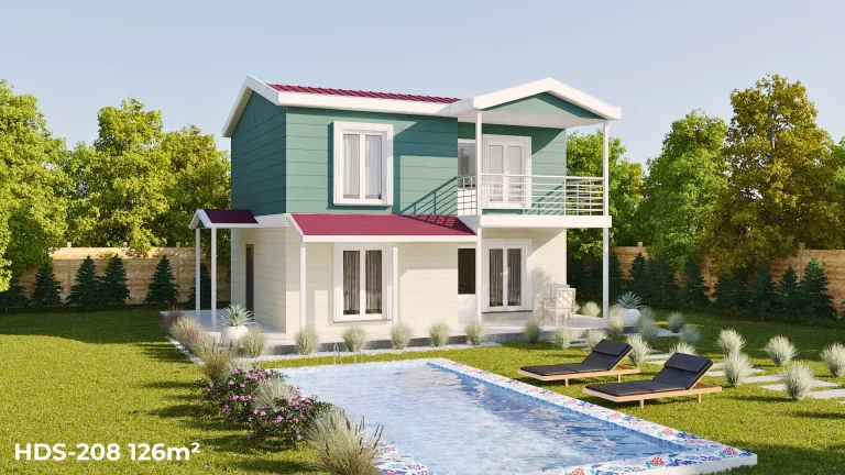 Pembe cepheli HDS-208 126 m² 3+1 dubleks çelik ev, bahçeli ve balkonlu ferah tasarım.