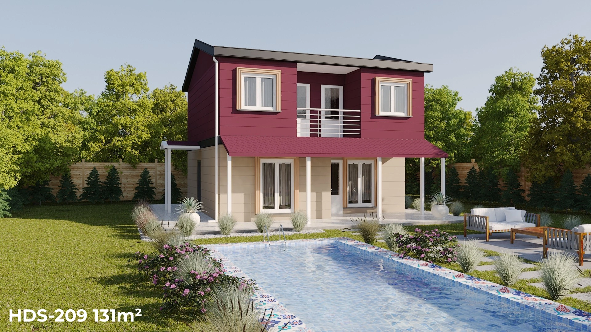 Modern kırmızı ve beyaz dış cepheye sahip, geniş bahçeli ve havuzlu HDS-209 131 m² dubleks çelik ev.