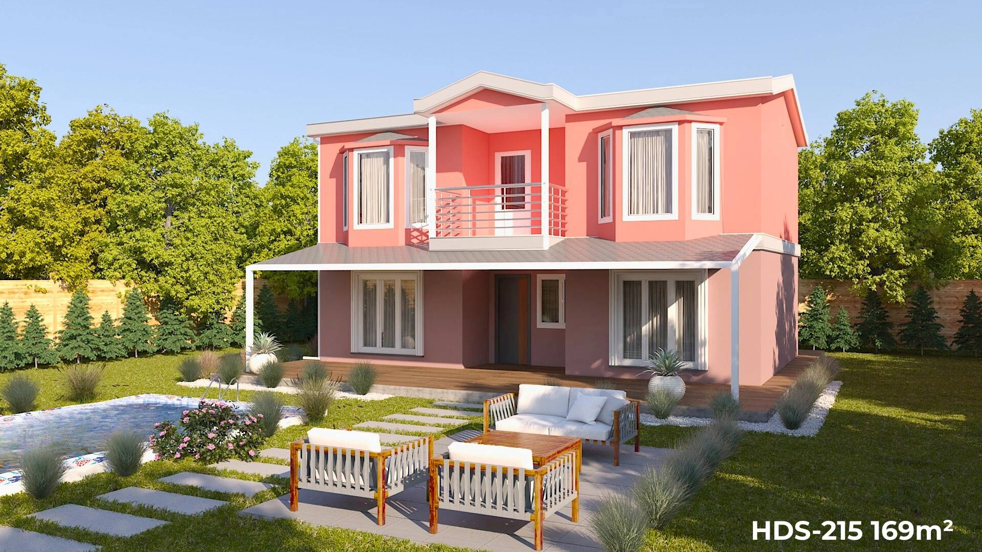 Geniş bahçeli, 29 m² açık verandaya sahip HDS-215 169 m² çelik ev dış cephe görünümü