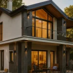 Modern iki katlı ev, büyük cam pencereler ve aydınlık bir atmosfer ile tasarlanmış
