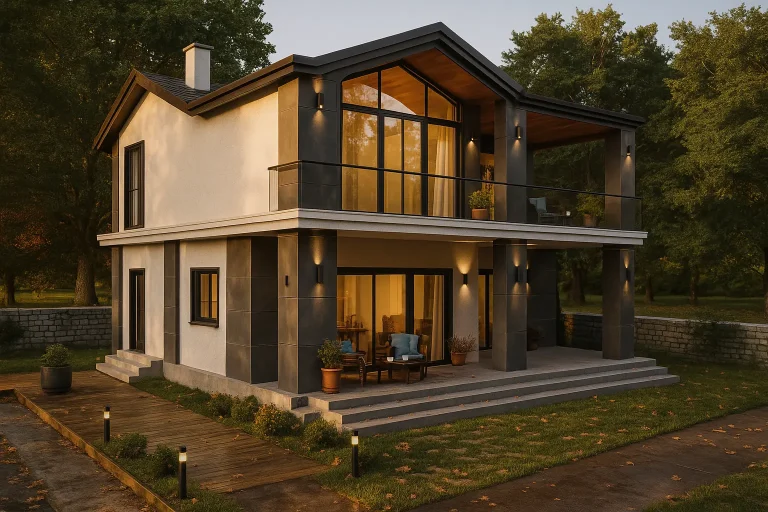 Modern villa with large windows, balcony, and landscaped garden in natural surroundings