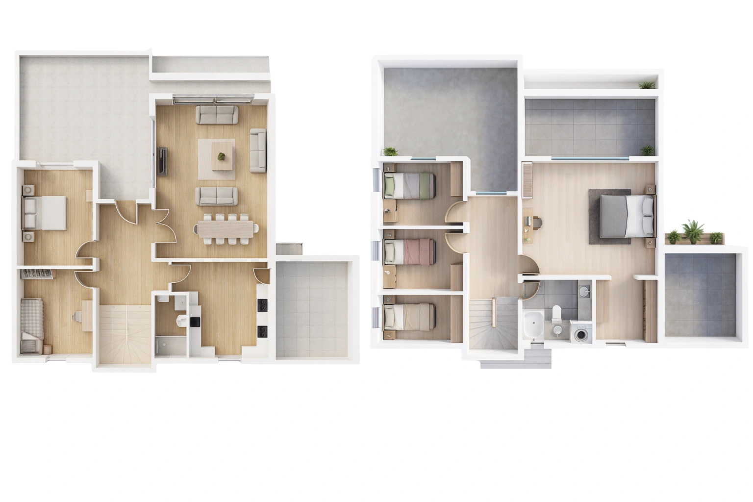 İki katlı modern daire planı, oturma alanı, yemek alanı ve yatak odaları ile ayrıntılı tasarımlar