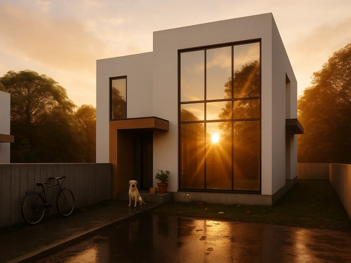 Gün batımını yansıtan büyük pencereleri, girişinde bir köpek, alçak beton duvara yaslanmış bir bisiklet ve yağmur sonrası ıslak kaldırımıyla modern beyaz bir HDS-224 dubleks çelik ev. Ağaçlar bu huzurlu sahneyi çevreliyor.