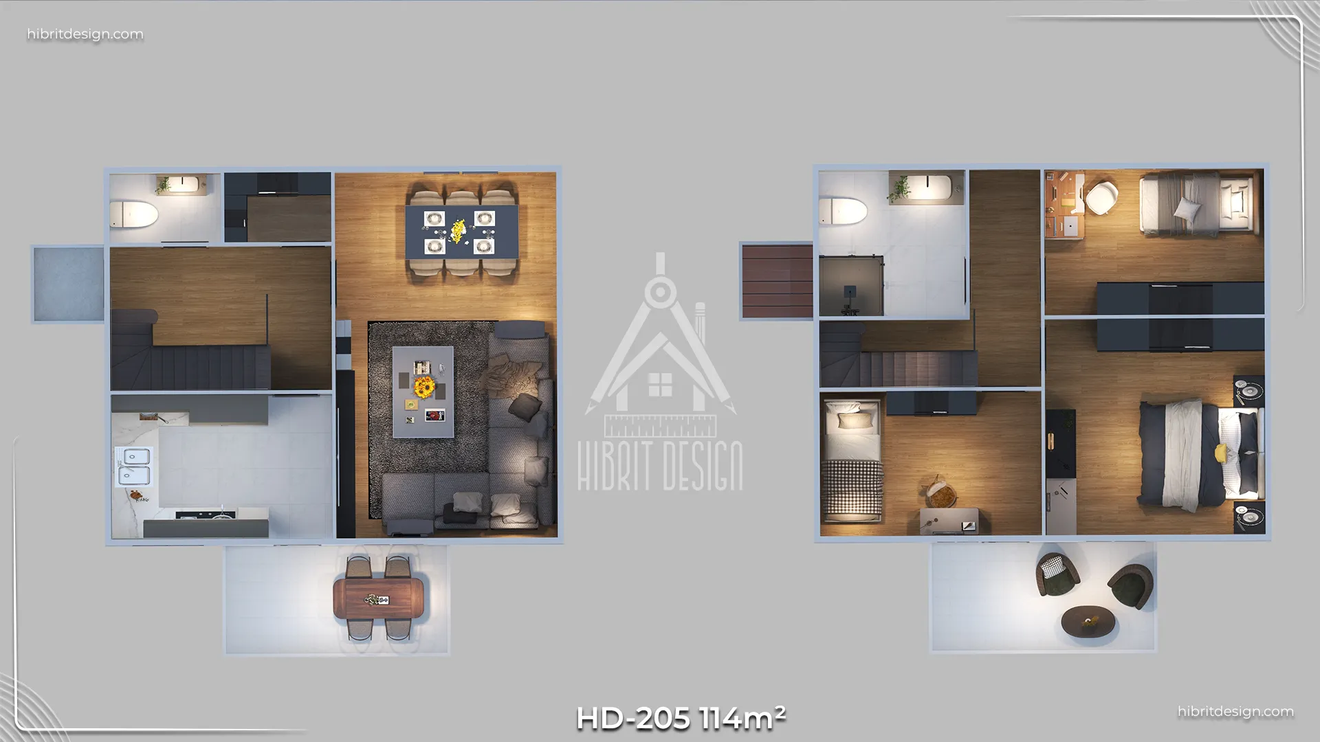 HD-205 114 m² 3+1 dubleks prefabrik ev kat planı – alt ve üst kat düzeni