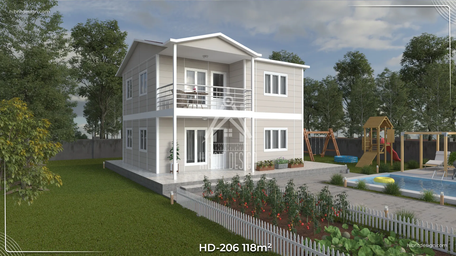 HD-206 118 m² 3+1 dubleks prefabrik ev – yan cephe bahçe ve balkonlu modern mimari