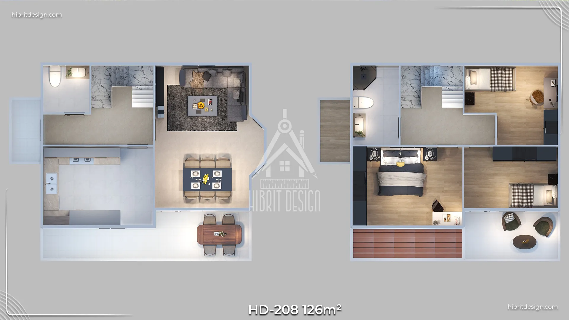 HD-208 dubleks prefabrik ev 126 m² plan çizimi – 3+1 oda dağılımı, iki katlı yerleşim şeması