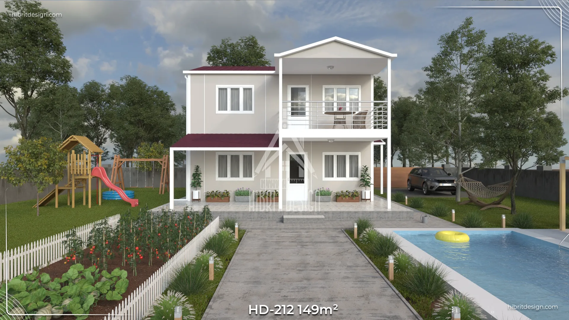 Dubleks prefabrik ev HD-212, 4+1, balkonlu ve geniş verandalı, galvaniz taşıyıcı duvar panelli ön cephe