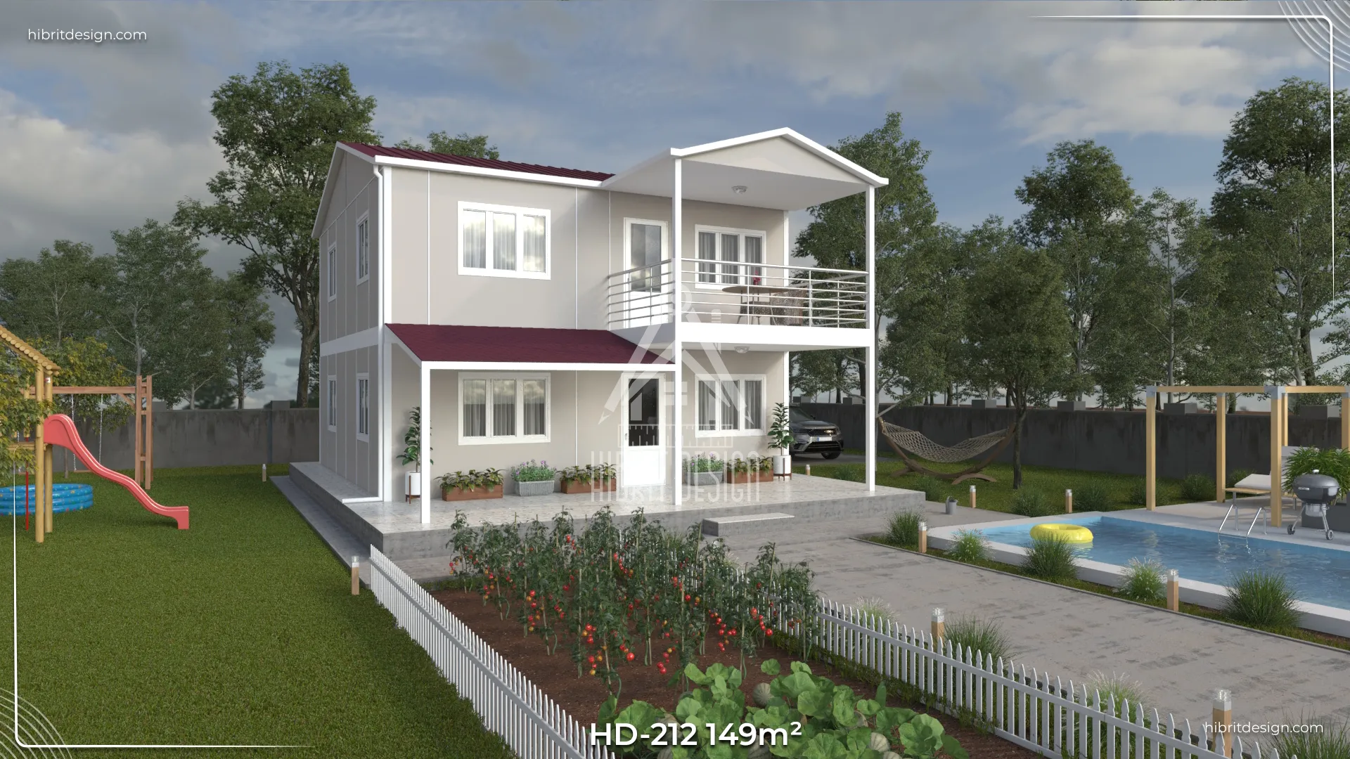 HD-212 prefabrik dubleks ev, 4+1 planlı, üst kat balkonu ve geniş giriş verandası ile
