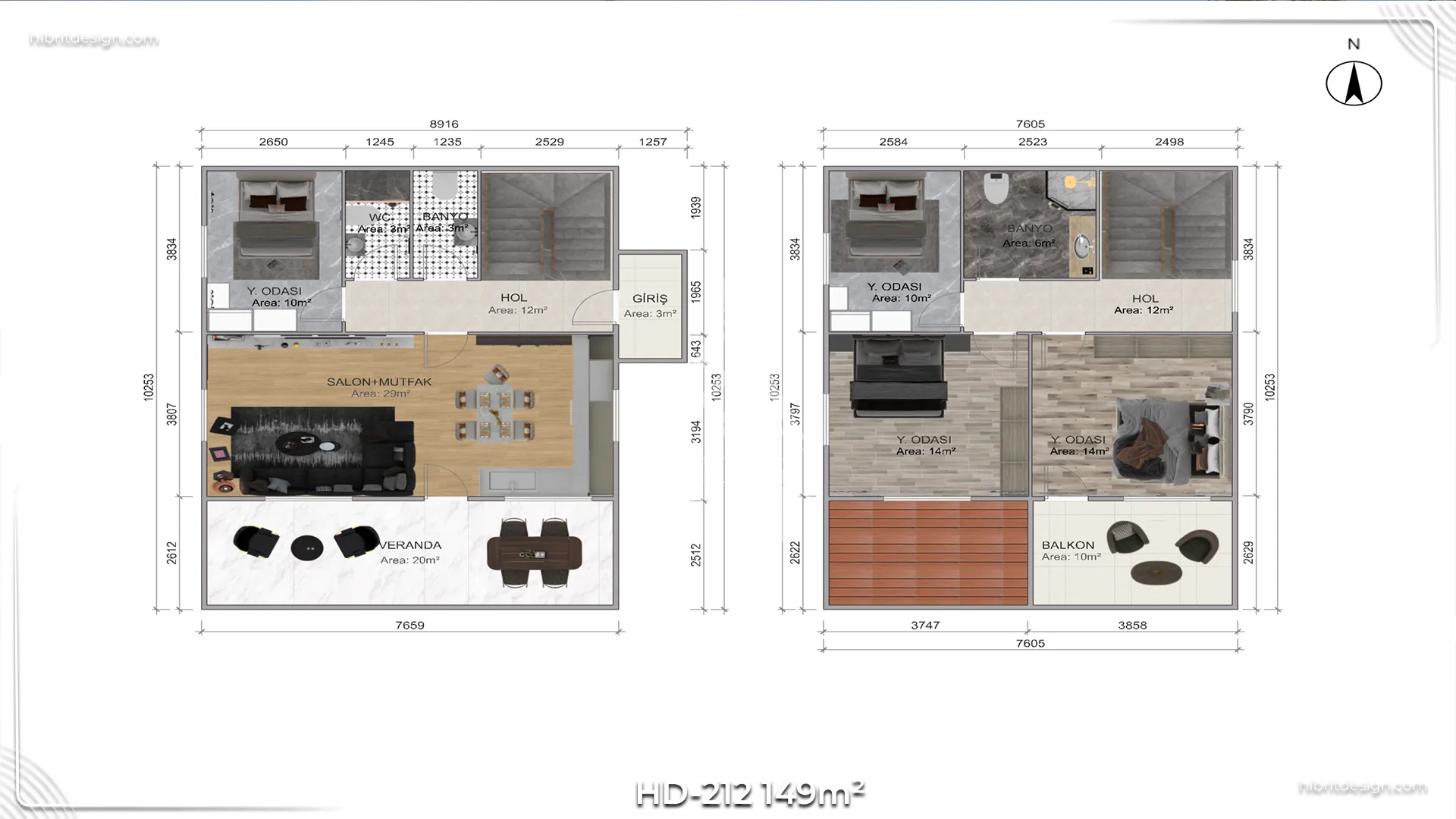 HD-212 prefabrik ev planı, 4+1 oda, iki katlı, balkon ve geniş veranda çizimi