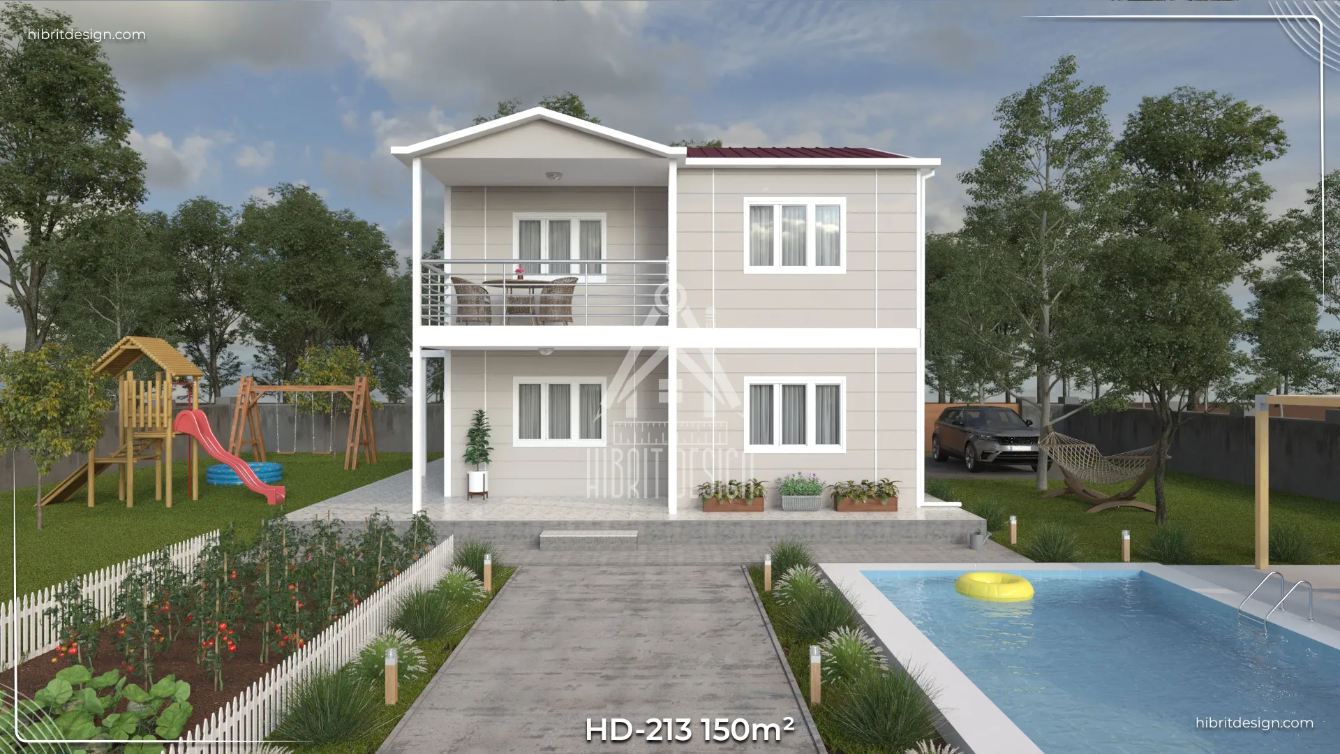 HD-213 150 m² dubleks prefabrik ev – 4+1 geniş aile evi, balkonlu ve ferah veranda tasarımı, Tekirdağ modern çelik karkas yapı.