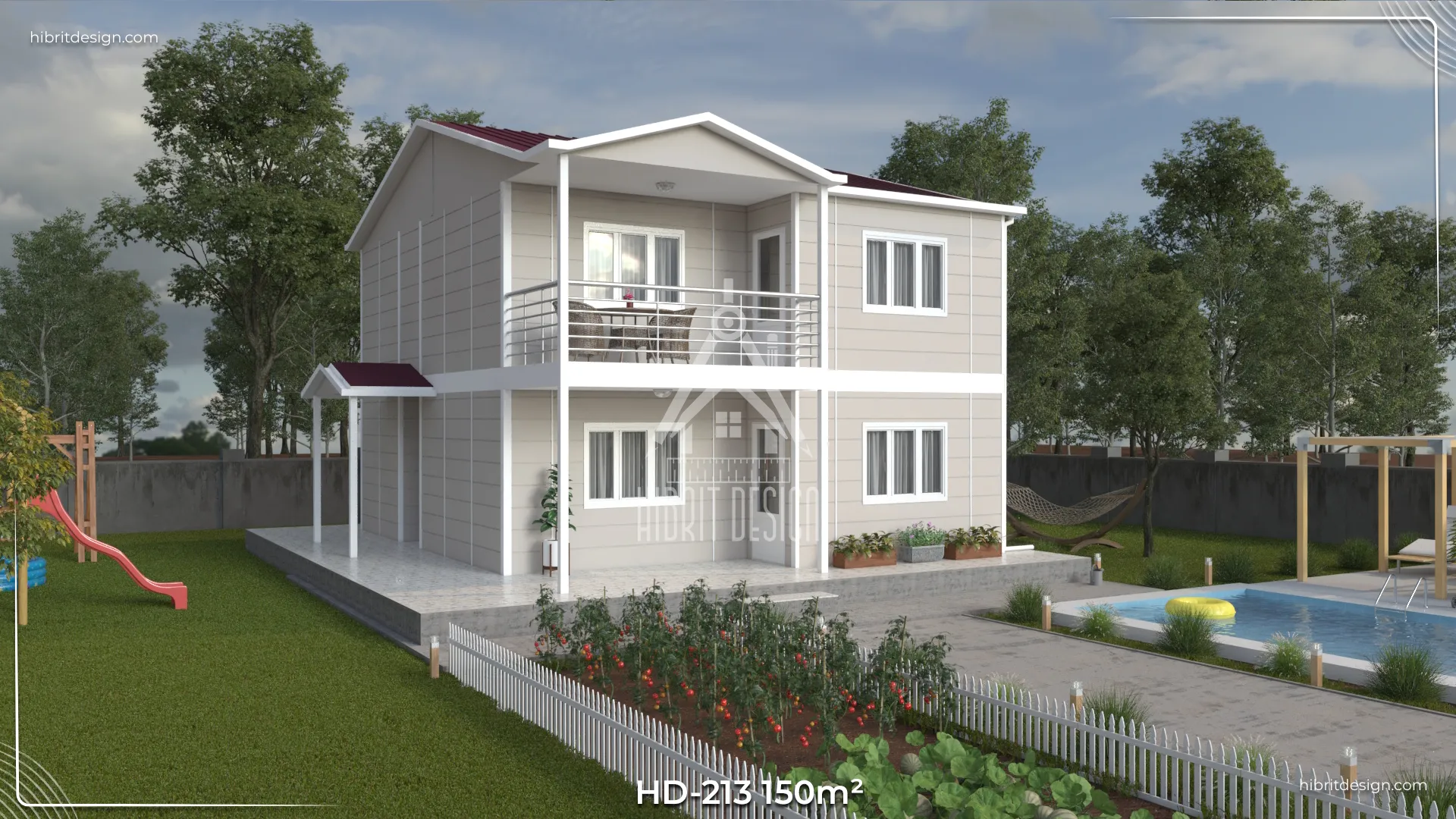 HD-213 150 m² dubleks prefabrik ev sol yan cephe – 4+1 geniş aile evi, balkonlu ve ferah veranda tasarımı, Tekirdağ modern çelik karkas yapı.
