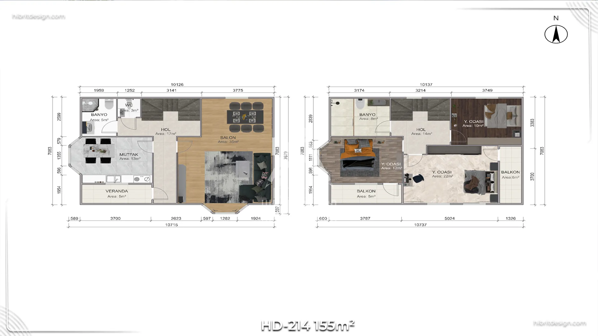 Dubleks prefabrik ev HD-214 155 m² iç plan 3+1