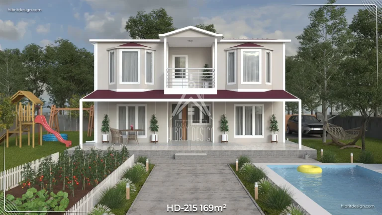 HD-215 169 m² dubleks prefabrik ev, geniş ön veranda ve üst kat balkonlu, Tekirdağ’da modern çelik karkaslı tasarım.