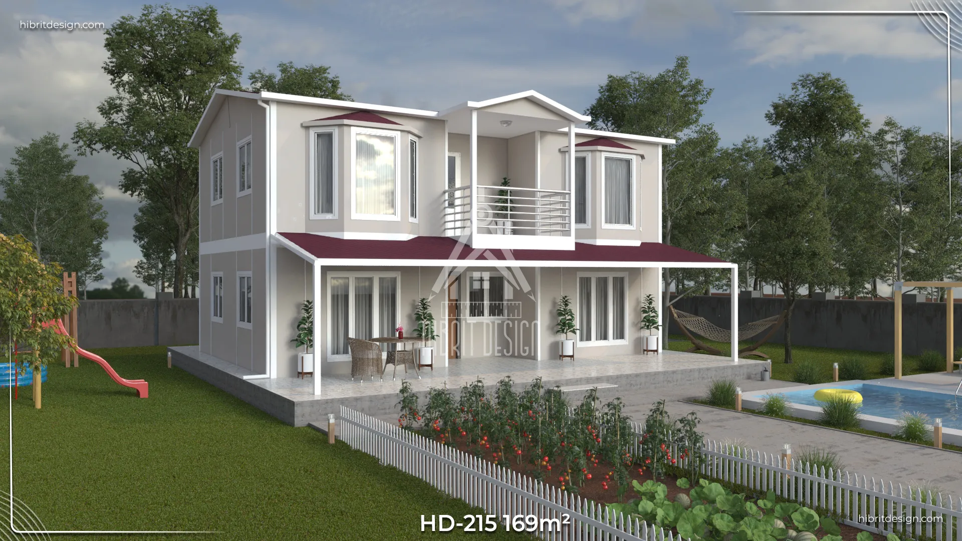 HD-215 169 m² çelik karkas dubleks prefabrik ev, yan cepheden balkon ve veranda detayları.