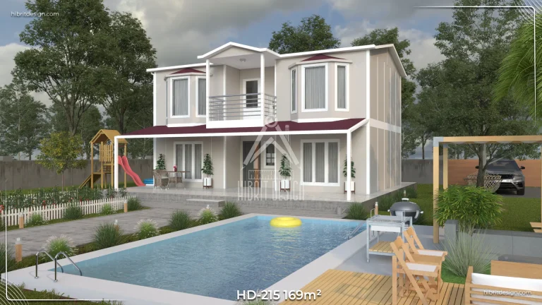 HD-215 169 m² prefabrik ev, arka cepheden balkon ve bahçe görünümü.
