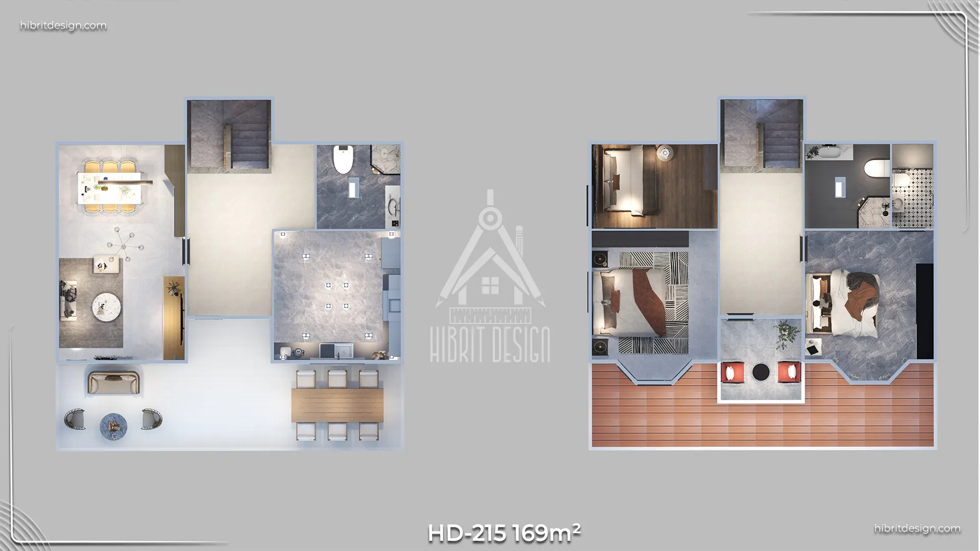 HD-215 169 m² dubleks prefabrik ev, iki katlı iç mekân planı ve oda yerleşimi.
