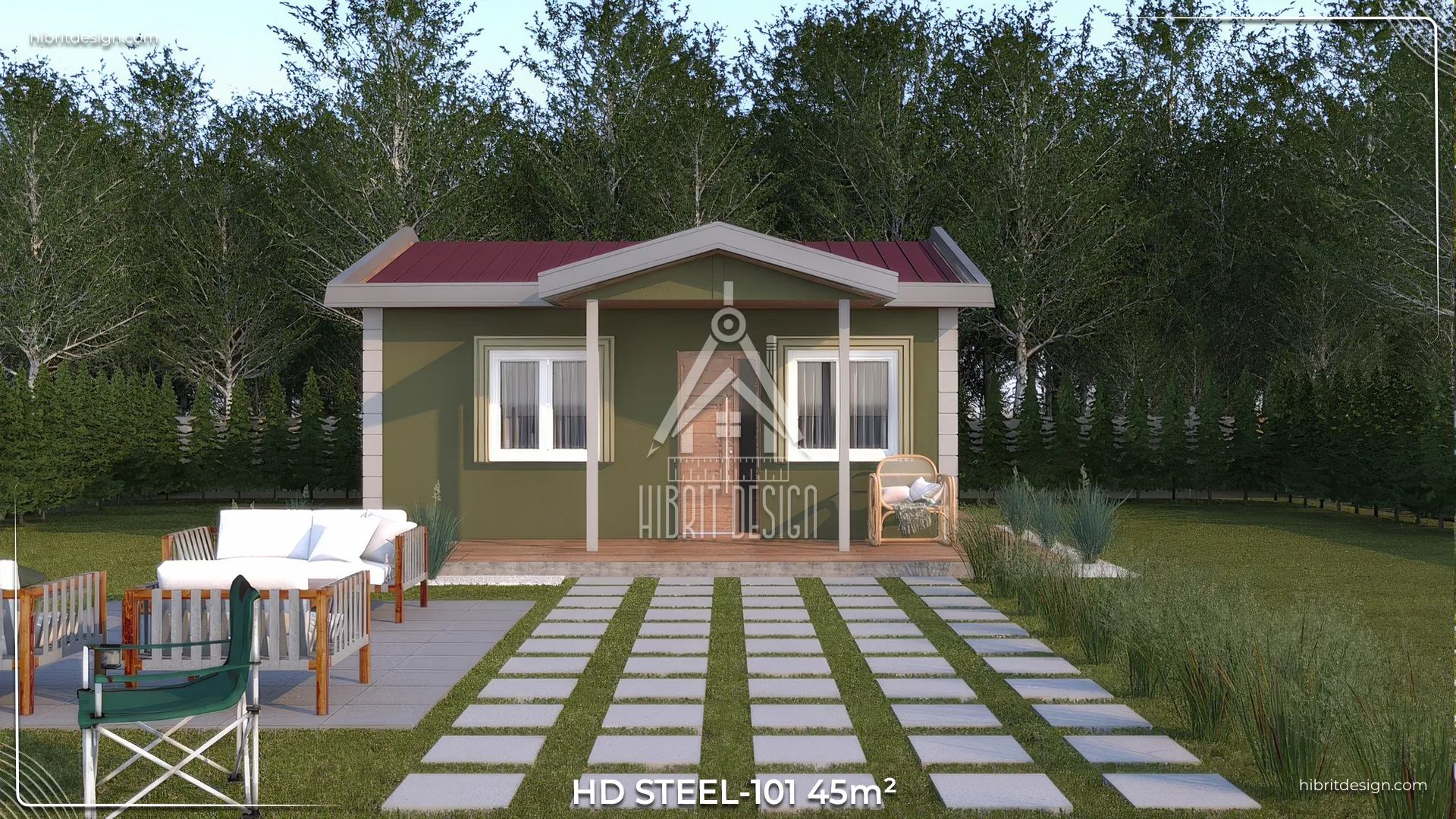HD Steel 101 45 m² 2+1 tek katlı çelik ev, yeşil cephe, ön bahçe ve veranda
