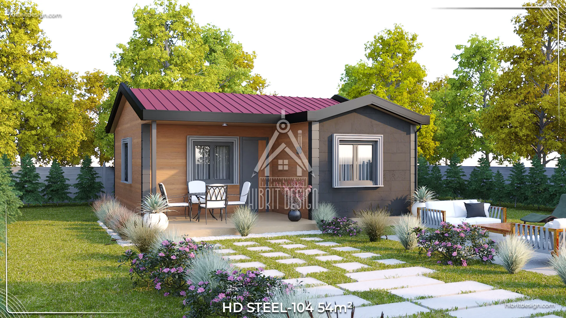HD Steel-104 54 m² prefabrik evin sol yan ve arka bahçe görünümü, kırmızı çatı ve ahşap detaylar – Tekirdağ