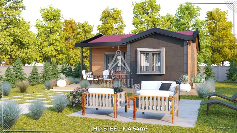 HD Steel-104 54 m² 2+1 prefabrik evin sağ yan bahçe ve oturma alanı, kırmızı çatılı çelik konstrüksiyon – Trakya