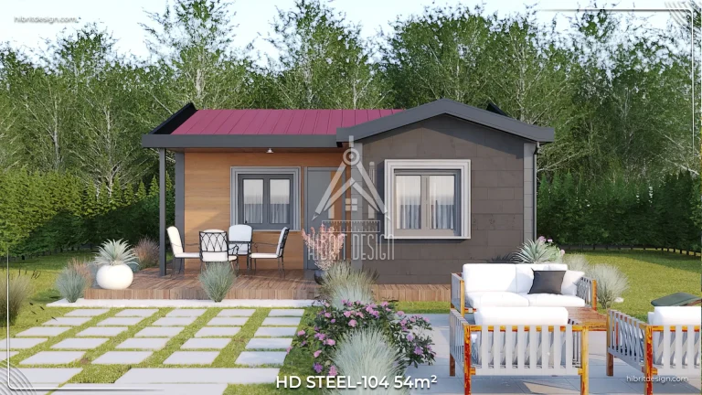 HD Steel-104 54 m² 2+1 tek katlı çelik prefabrik evin ön cephe görüntüsü, geniş veranda ve bahçe düzeni – Tekirdağ