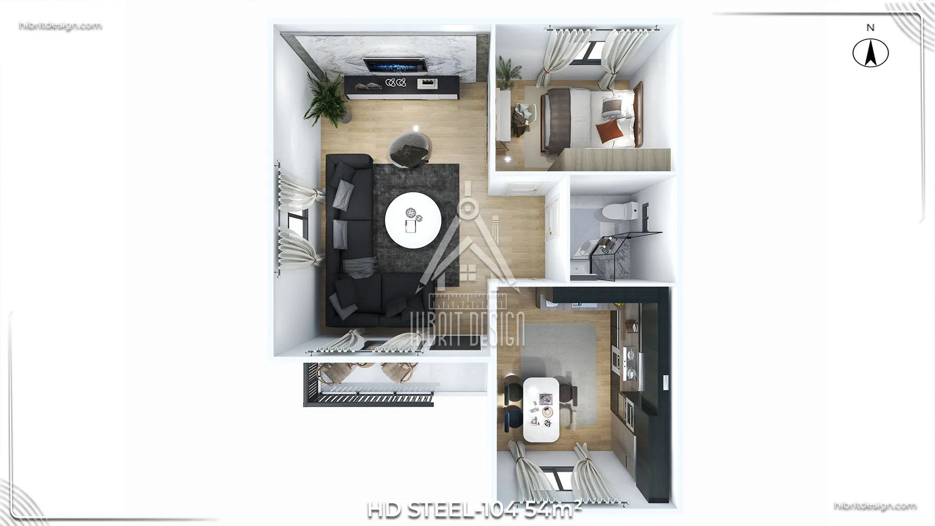 HD Steel-104 54 m² 2+1 prefabrik evin üstten 3 boyutlu planı, salon-mutfak, iki yatak odası ve banyo düzeni – Tekirdağ Trakya