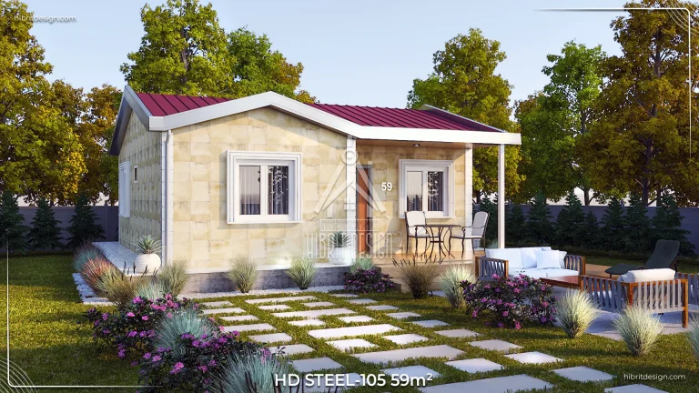 HD Steel 105 çelik ev 59 m² yan cephe – bahçe oturma alanı ve kırmızı çatı