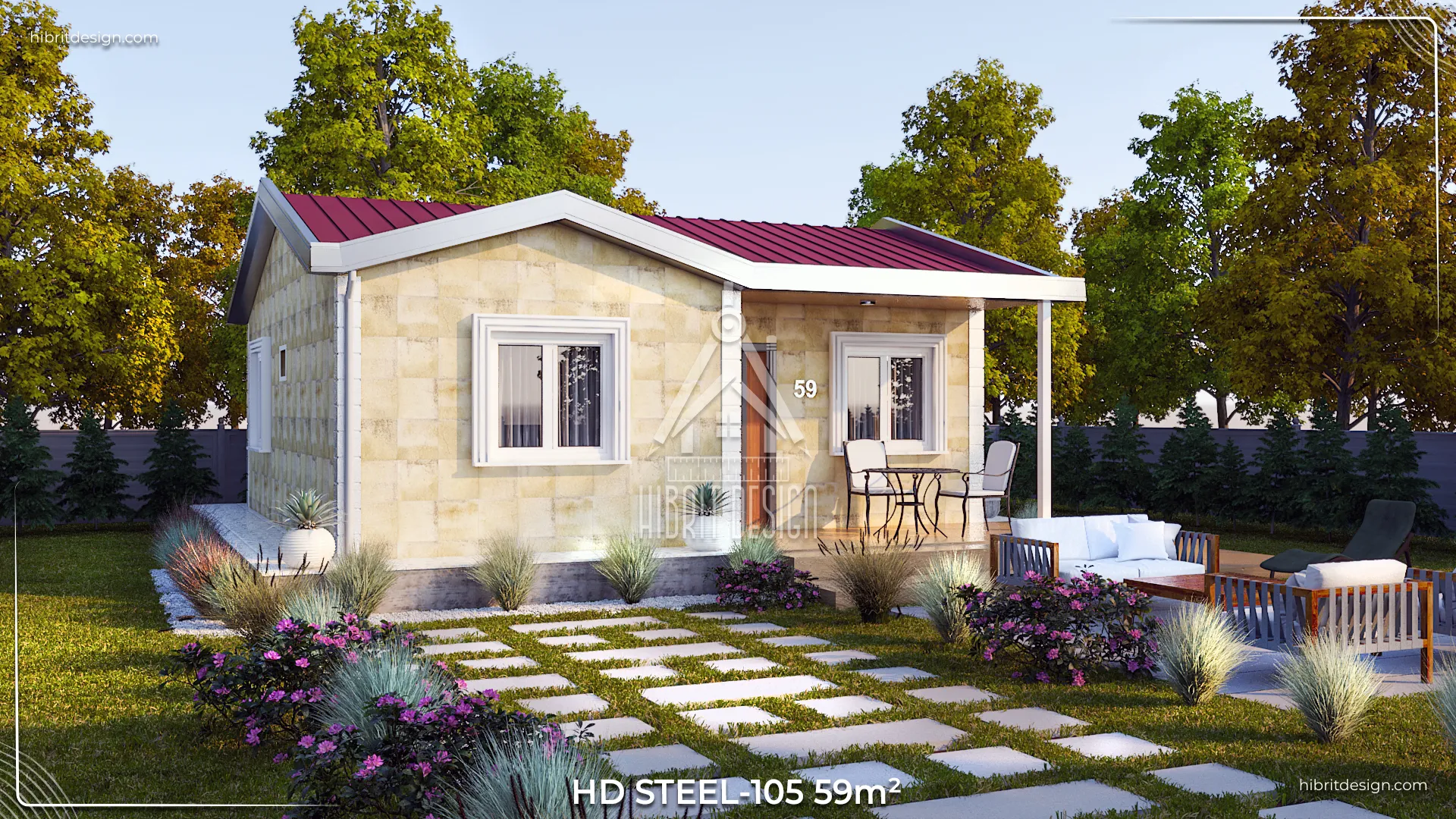 HD Steel 105 çelik ev 59 m² yan cephe – bahçe oturma alanı ve kırmızı çatı