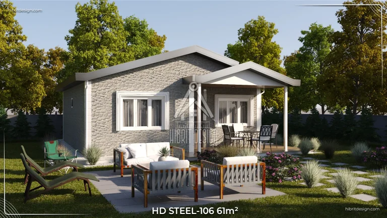 HDS-106 çelik evin bahçe oturma alanı ve veranda detayları, 61 m² 2+1 tek katlı plan