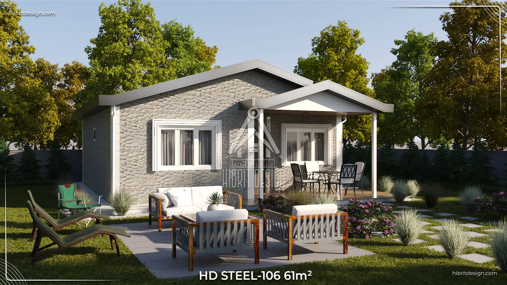HDS-106 çelik evin bahçe oturma alanı ve veranda detayları, 61 m² 2+1 tek katlı plan