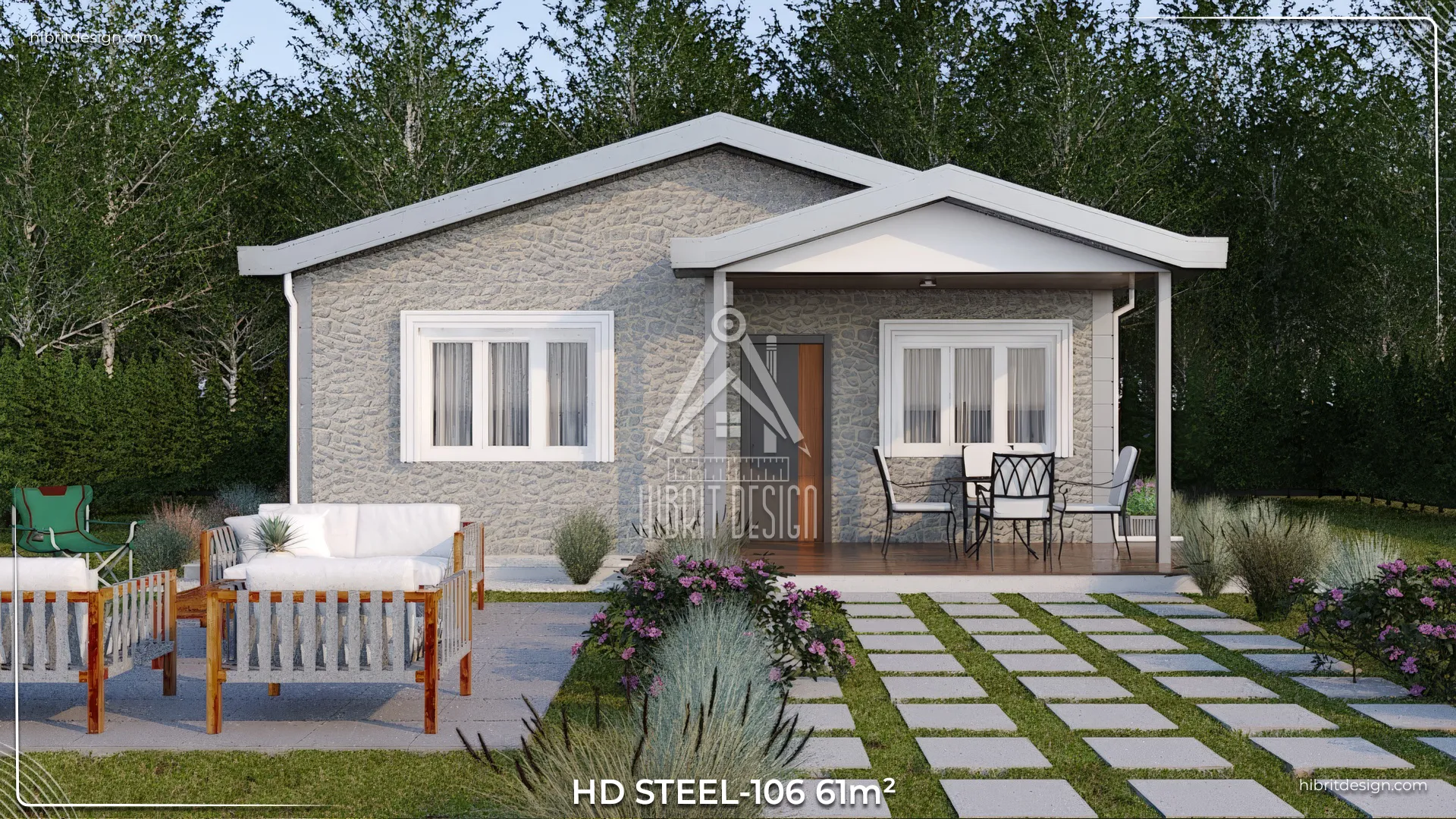 Tek katlı HDS-106 çelik evin ön cepheden görünümü, 61 m² 2+1 plan, modern gri dış cephe ve veranda detayları