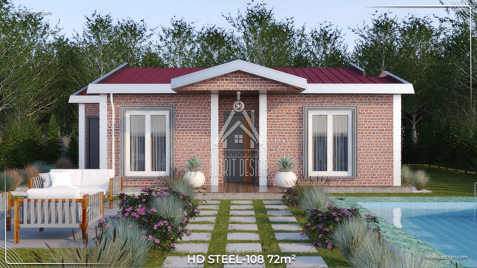 HD Steel 108 modeli 72 m² 2+1 çelik evin ön cepheden görünümü, kırmızı kiremit çatılı, geniş bahçeli ve veranda detaylı.