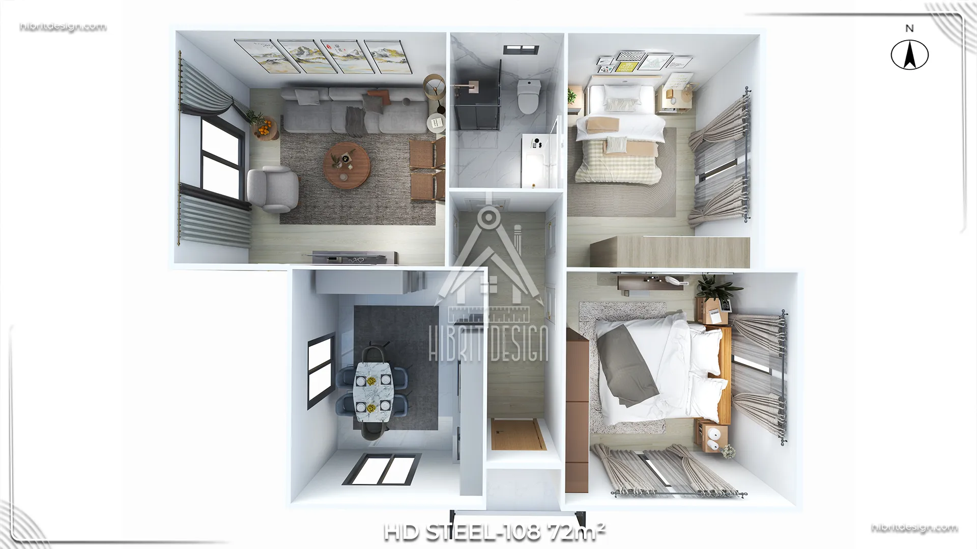 HD Steel 108 modeli 72 m² 2+1 çelik evin 3D iç mekan planı, salon, mutfak ve iki yatak odası düzeniyle.